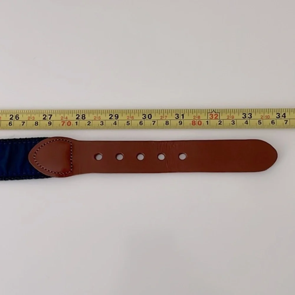 Leather Man Ltd. Fish and Hook navy blue ribbon & leather‎ belt. Brass buckle.